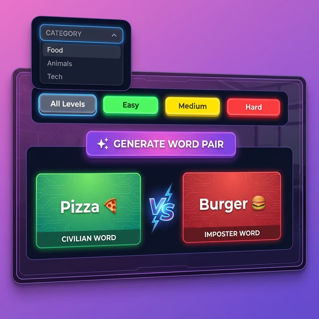 Imposter Game Generator - Complete Interface Overview Imposter game generator interface showing category selection, difficulty buttons, and word generation