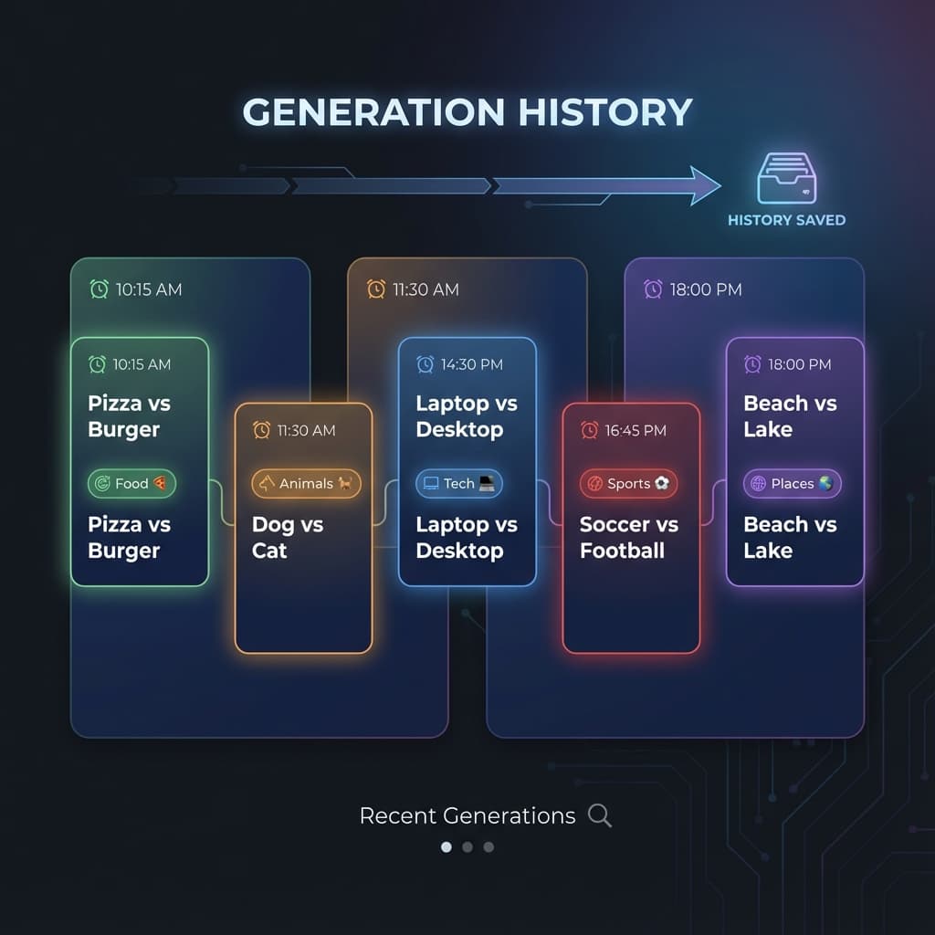 Generation History - Your Last 5 Word Pairs Generation history showing last 5 generated word pairs saved automatically