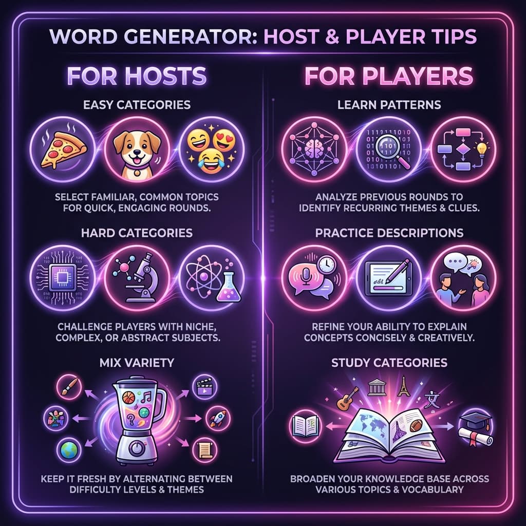 Pro Tips for Hosts and Players - Maximize Your Gameplay Tips for hosts and players: choosing categories, mixing difficulties, and mastering word patterns