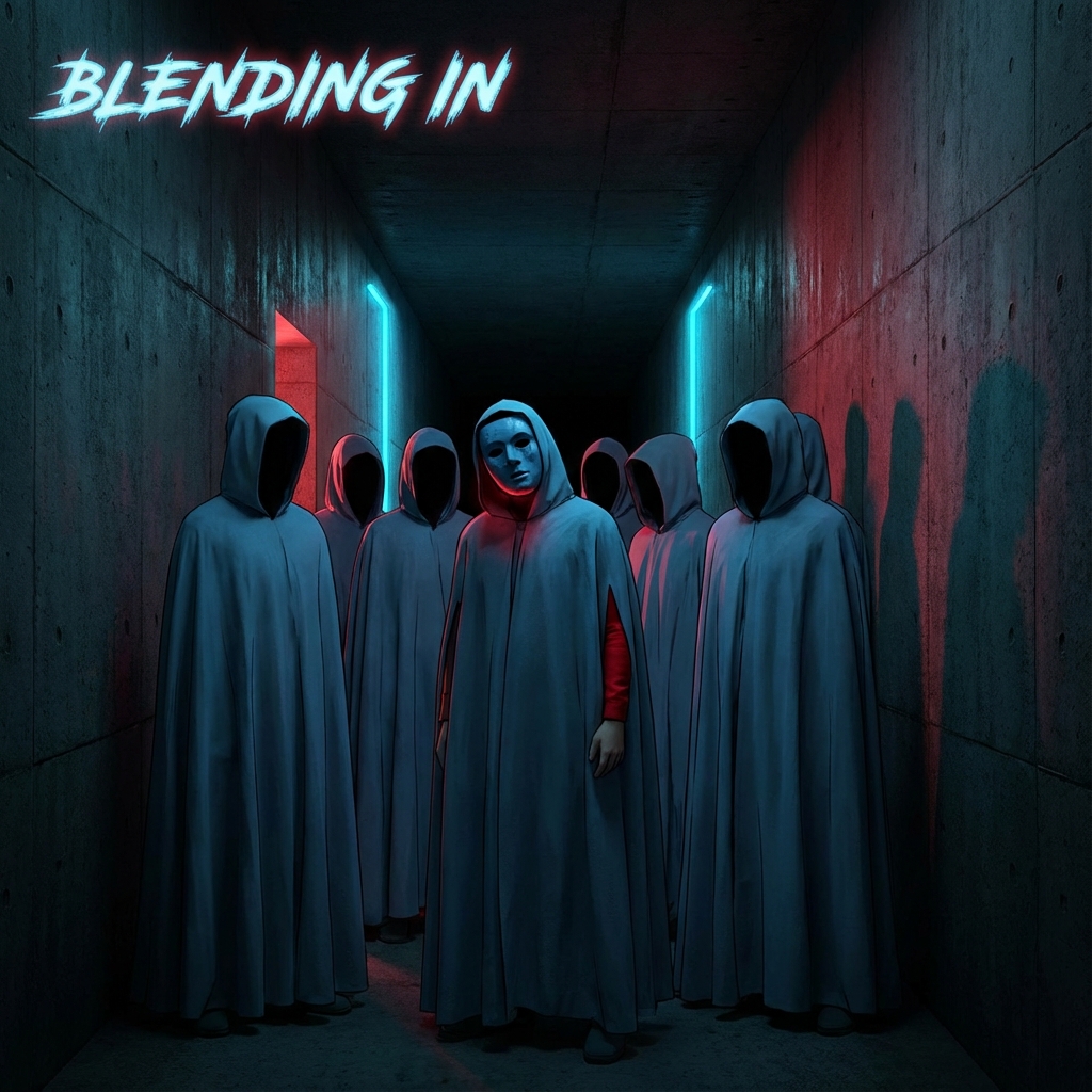 卧底心理学:完美伪装成平民 Psychological illustration of blending in - one person in a mask among identical figures